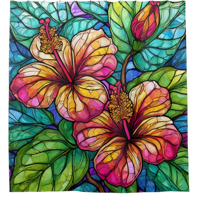 Stained glass style hibiscus shower curtain (Front)