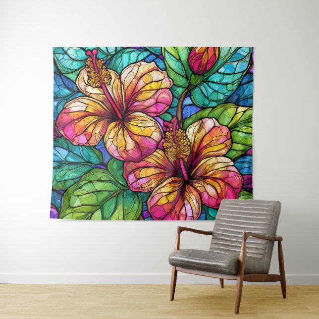 Stained glass style hibiscus tapestry (In Situ (Horizontal))