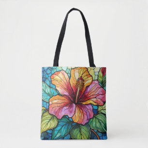 Stained glass style hibiscus tote bag