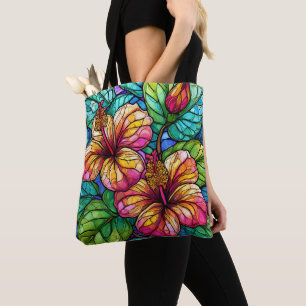 Stained glass style hibiscus tote bag