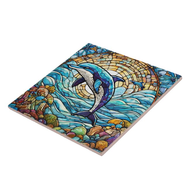 Stained glass style jumping dolphin art ceramic tile (Side)