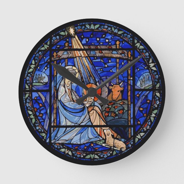 Stained Glass Style Nativity Round Clock (Front)