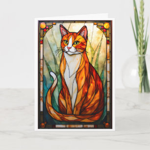 Stained Glass Style Orange Cat Green Eyes Card