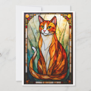 Stained Glass Style Orange Cat Green Eyes Flat Card