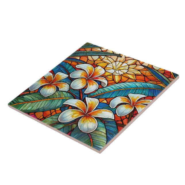 Stained glass style plumeria on orange ceramic tile (Side)