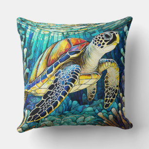 Stained glass style sea turtle honu cushion