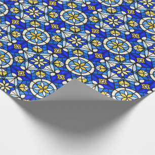 Stained Glass Style Shades of Blue and Yellow Wrapping Paper