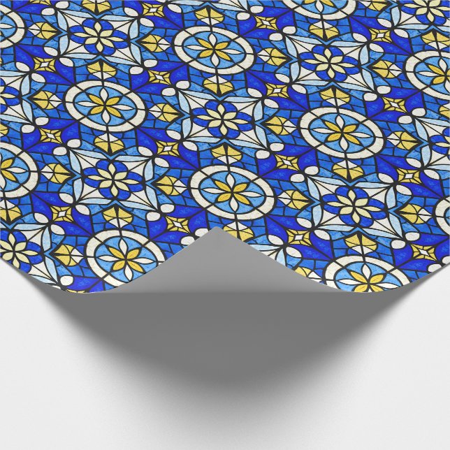 Stained Glass Style Shades of Blue and Yellow Wrapping Paper (Corner)