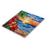 Stained glass style tropical sunset on beach art ceramic tile<br><div class="desc">Stained glass style tropical sunset on beach art</div>