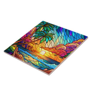 Stained glass style tropical sunset on beach art ceramic tile