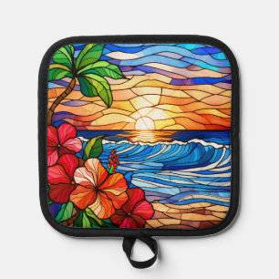 Stained glass style tropical sunset on beach art pot holder