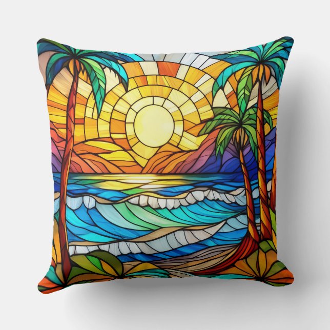 Stained glass style waves on beach cushion (Back)