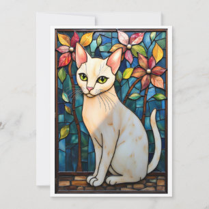 Stained Glass Style White Cat with Flowers Flat Card