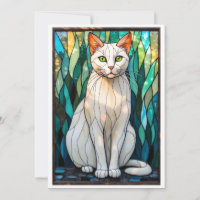 Stained Glass Style White Cat with Green Eyes