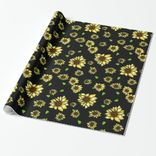 Stained Glass Sunflowers on Black Wrapping Paper