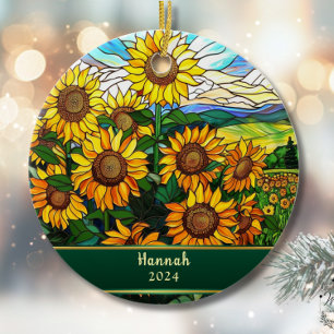 Stained Glass Sunflowers Personalized Ceramic Ornament