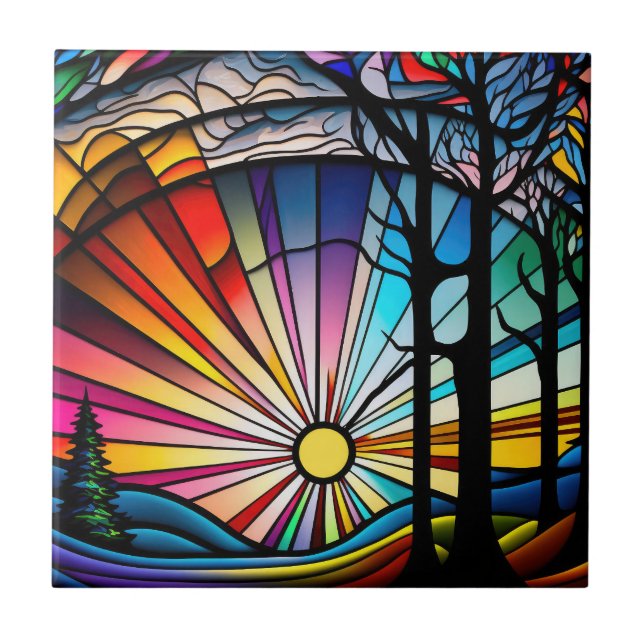 Stained Glass Sunset Ceramic Tile (Front)