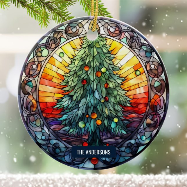 Stained Glass Sunset Christmas Tree Custom Name Ceramic Ornament (Creator Uploaded)