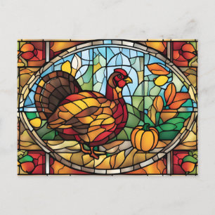 Stained Glass Thanksgiving Turkey with Pumpkin Holiday Postcard