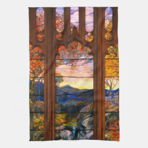 Stained glass tiffany look Victorian brown blue Tea Towel