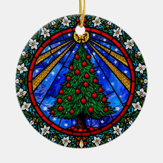 Stained Glass Tree & Floral Border Ceramic Ornament (Front)