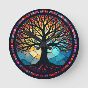 Stained Glass Tree of Life Round Clock