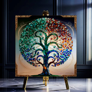 Stained-Glass Tree with Antique Gold Trim Ceramic Tile