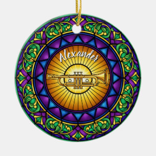 Stained Glass Trumpet Custom Name Christmas Ceramic Ornament