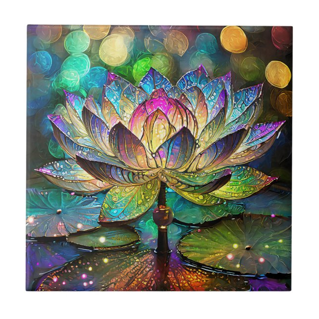 Stained Glass Vibrant Lotus Flower Ceramic Tile (Front)