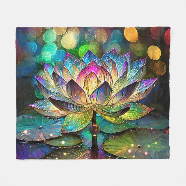 Stained Glass Vibrant Lotus Flower Fleece Blanket (Front (Horizontal))