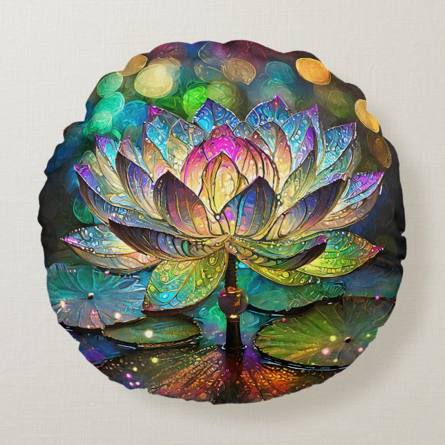 Stained Glass Vibrant Lotus Flower Round Cushion (Front)