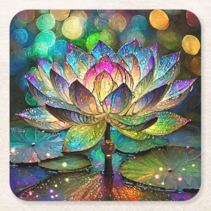 Stained Glass Vibrant Lotus Flower Square Paper Coaster