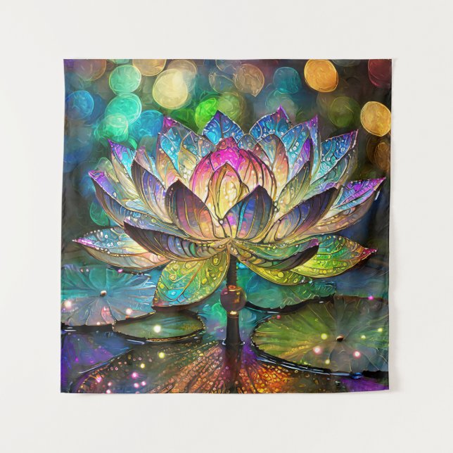 Stained Glass Vibrant Lotus Flower Tapestry (Front)