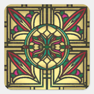 Stained Glass Vintage Pattern in Gold and Red Square Sticker