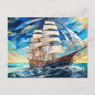 Stained Glass Vintage Sail Boat in the Ocean Postcard