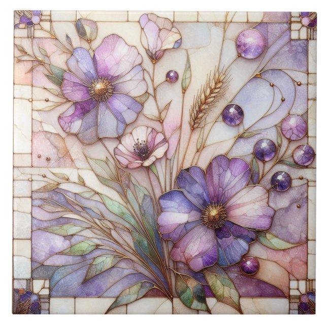 Stained glass violet flower ceramic tile (Front)
