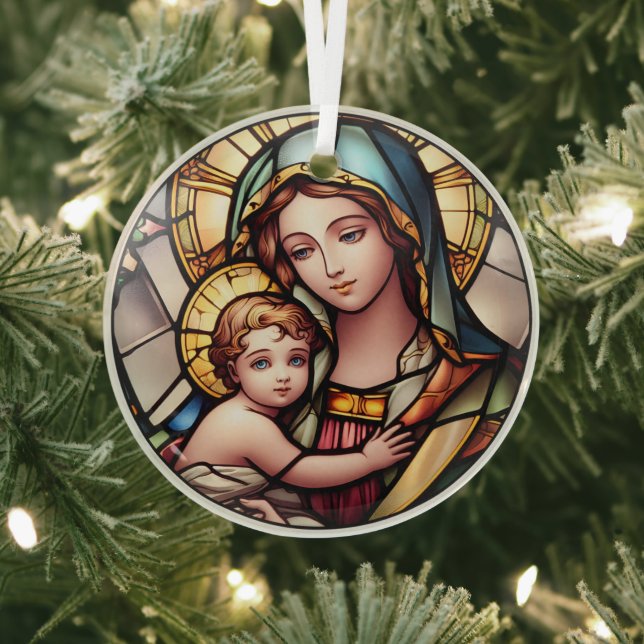 Stained Glass Virgin Mary and Jesus Glass Tree Decoration (Insitu)