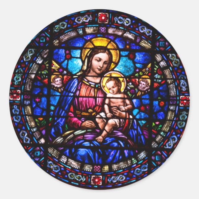 Stained Glass Virgin Mary Baby Jesus Religious Classic Round Sticker (Front)
