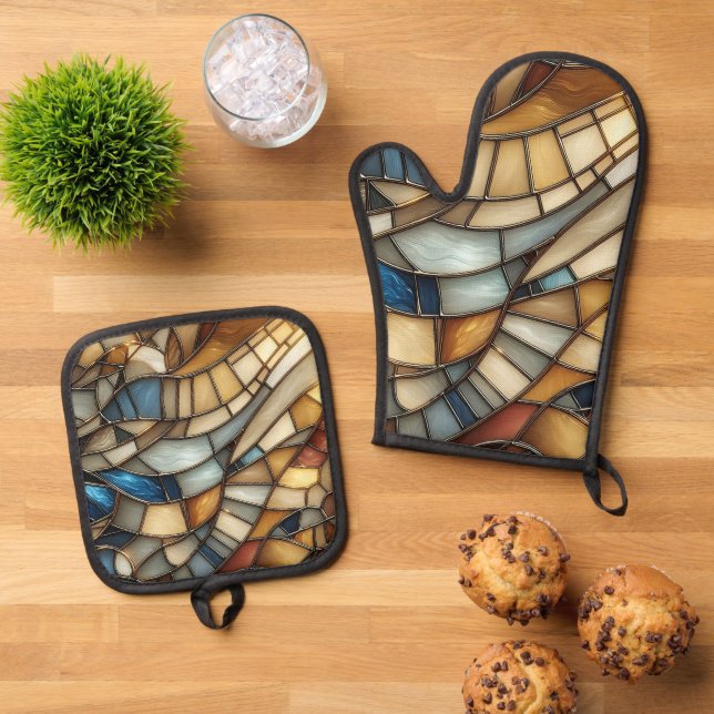 Stained Glass Waves Oven Mitt & Pot Holder Set (Top Down)