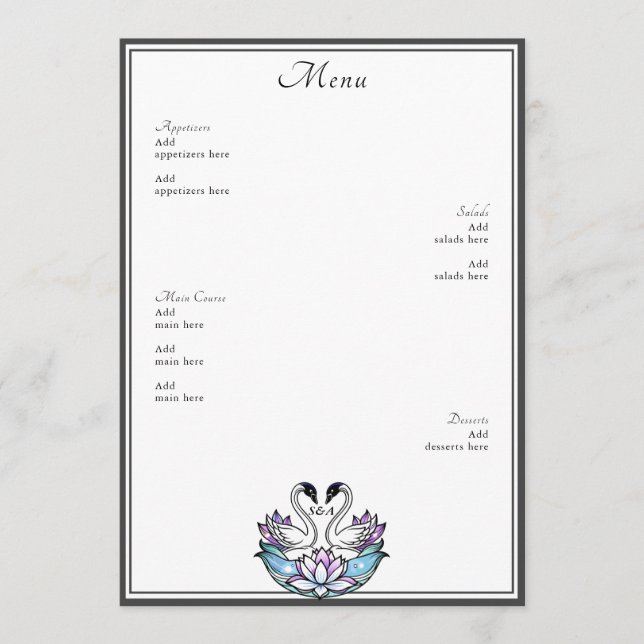 Stained Glass Whimsical Swans Water Lilies Wedding Menu (Front)