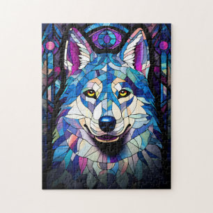 Stained Glass White, Blue and Purple Wolf Puzzle. Jigsaw Puzzle