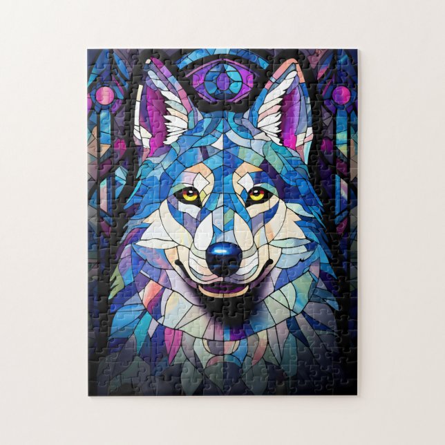 Stained Glass White, Blue and Purple Wolf Puzzle.  Jigsaw Puzzle (Vertical)