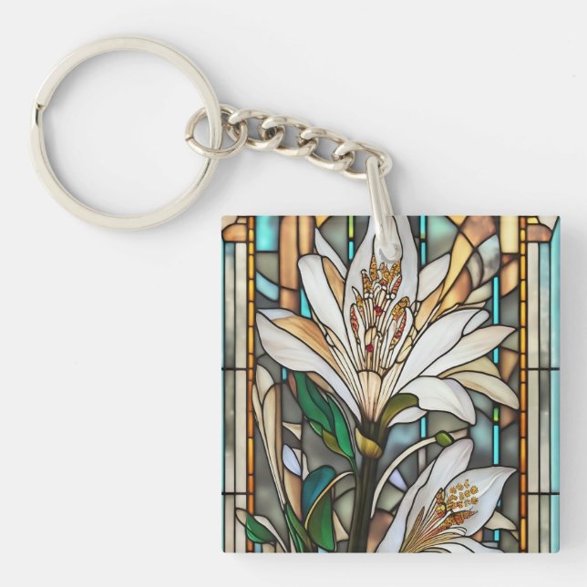 Stained Glass White Lily Illustration Key Ring (Front)