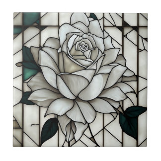 Stained Glass White Rose Ceramic Tile