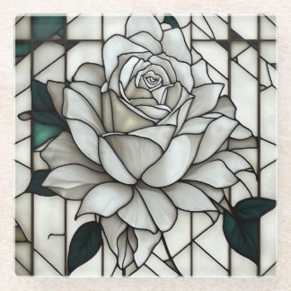 Stained Glass White Rose Glass Coaster