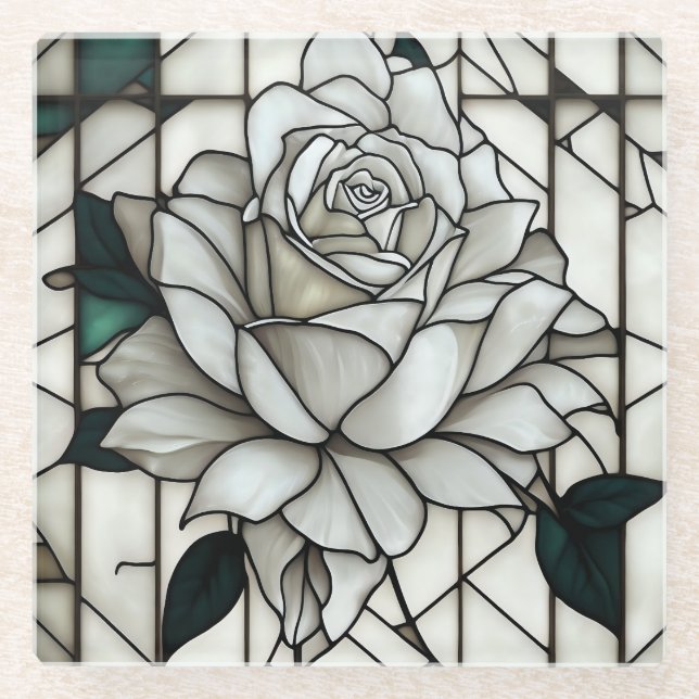 Stained Glass White Rose Glass Coaster (Front)