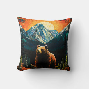 Stained Glass Wildlife Mountain Sunset Bear Cushion
