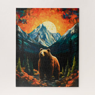 Stained Glass Wildlife Mountain Sunset Bear Jigsaw Puzzle
