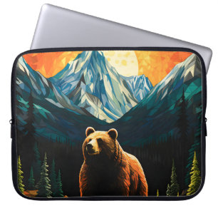 Stained Glass Wildlife Mountain Sunset Bear Laptop Sleeve
