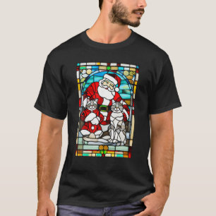 Stained Glass Window Art Grey Tabby Cat and Santa  T-Shirt